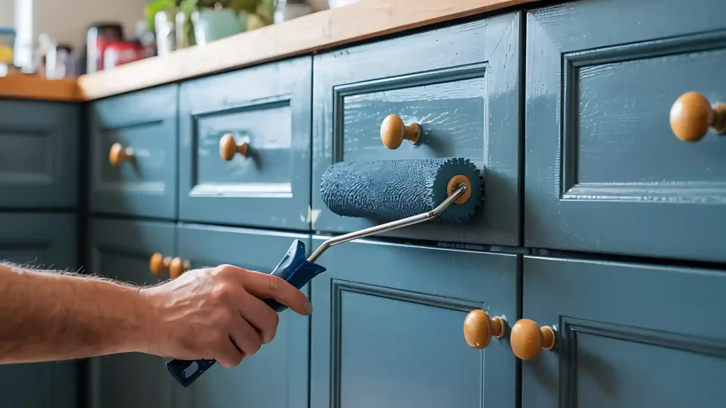 Custom painted kitchen cabinets with professional finish and hardware, showcasing premium cabinet painting services in Southeastern North Carolina